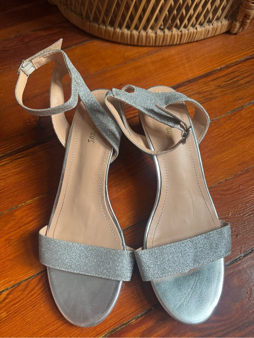Silver Glitter Block Heel Sandals with Ankle Strap - Picture 4 of 6